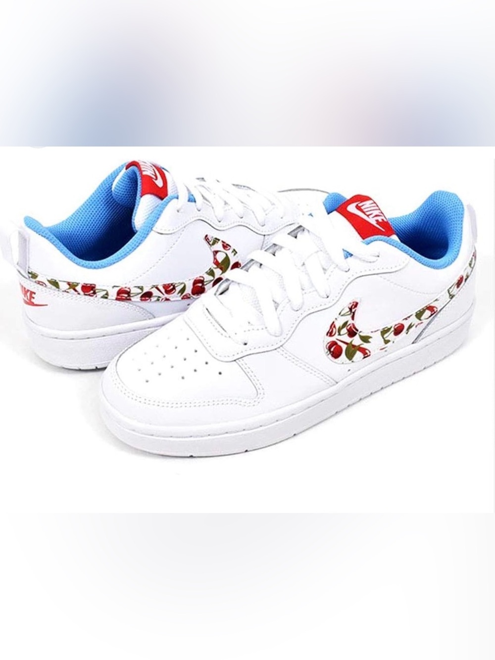 Nike Court Borough Low 2 Women White Red Blue Cherry Print Sneakers